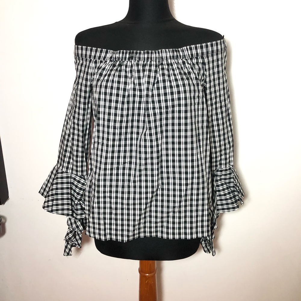 Nordstrom 1. State Off Shoulder Blouse black Checkered Size Medium Bell Sleeves - Picture 6 of 9